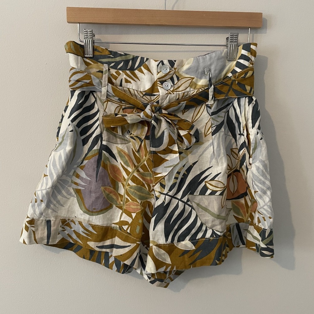 Cynthia Rowley 100% Linen Paperbag Floral‎ Leaf Shorts Sz M Resort Tropical Boho
